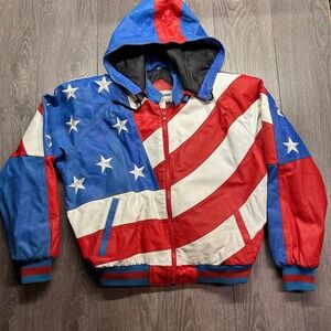 Vintage Massimo American Flag Leather Hooded Bomber Jacket Mens Medium USA Stars